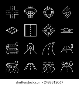 Carreteras, iconos de línea blanca. Diferentes Formas y tramos de carreteras, bifurcaciones e intersecciones. Ideal para temas de transporte e infraestructura. Símbolos sobre fondo negro. Trazo editable.