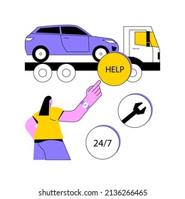 Roadside assistance abstract concept vector illustration. Roadside car repair, 24 hour assistance, towing service, change flat tire, all vehicles emergency, truck breakdown help abstract metaphor.