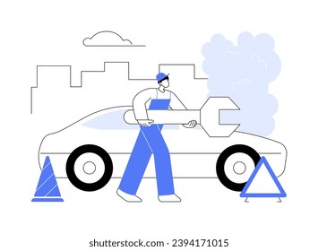 Roadside assistance abstract concept vector illustration. Roadside assistant fixing a car, personal transport maintenance specialist, professional auto repair services abstract metaphor.