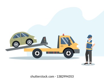 Roadside assistance and car insurance concept: broken car on a tow truck. Flat vector illustration.