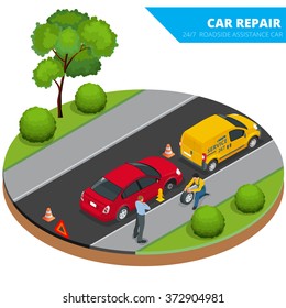 Roadside assistance car. Man changing wheel on a roadside. Auto service. Protection of car. Insurance accident car on road. Vector 3d flat isometric illustration