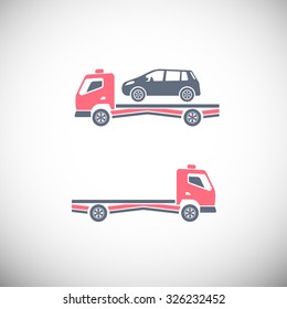Roadside assistance car towing truck. Vector image for icon, logo and pictogram design. Graphic element in pink, violet and grey colors.