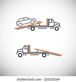 Roadside assistance car towing truck. Vector image for icon, logo and pictogram design. Graphic element in orange, black and grey colors.