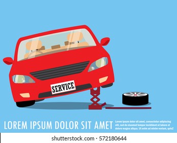 Roadside assistance changing wheel on a roadside. service. Insurance Protection of car. vector style