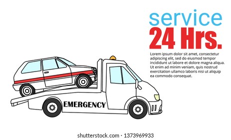 Roadside assistance comic tow truck illustration damage car vector on red radius