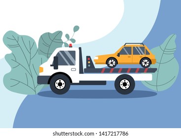 Roadside assistance concept: broken yellow car on the tow truck. Flat vector illustration.