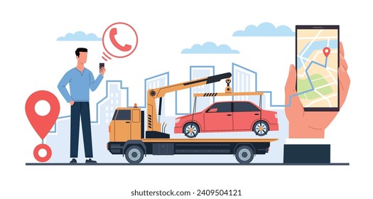 Konzept der fahrzeugseitigen Unterstützung, Online-Anwendung für den Schleppdienst. Smartphone mit Stadtplan auf dem Bildschirm. Mechanische Reparatur, professionelle Hilfe für Fahrer. Vektorgrafik