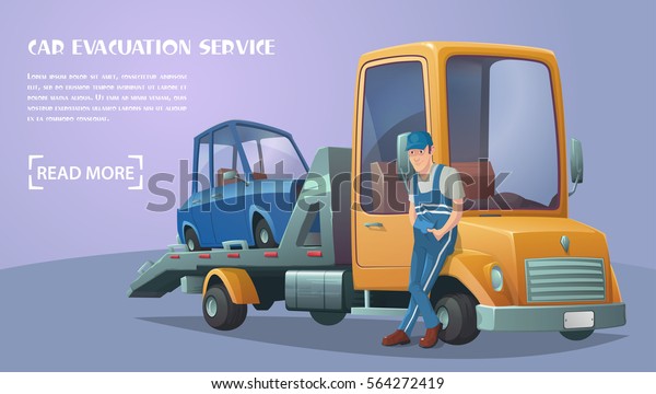 Roadside assistance. Employee\
of Roadside Assistance Services. Retro tow truck. Vector\
illustration