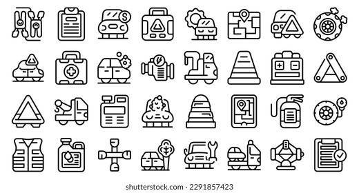 Roadside assistance icons set outline vector. Car accident. Broken vehicle