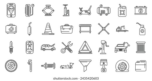 Roadside assistance icons set outline vector. Car accident insurance. Damage vehicle