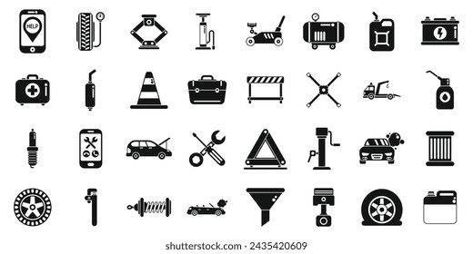Roadside assistance icons set simple vector. Car accident insurance. Damage vehicle