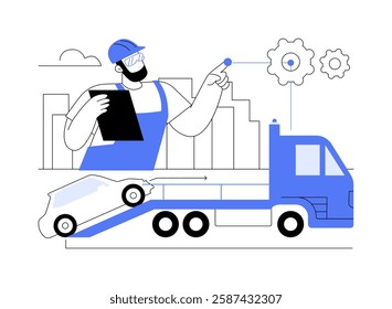 Roadside assistance isolated cartoon vector illustrations. Man working in car towing service, roadside assistance small business, vehicle emergency help, breakdown coverage vector cartoon.