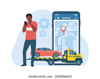 Roadside assistance service concept. Dark skin man calling a tow truck. Vector illustration.