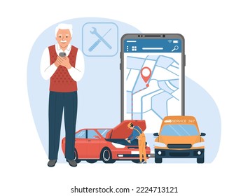 Concepto de servicio de asistencia en carretera. Un anciano llamó mecánico de autos de asistencia en la carretera. Ilustración vectorial.