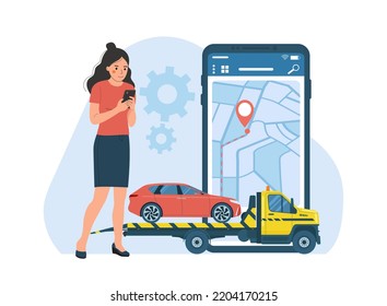 Roadside assistance service concept. Woman calling a tow truck. Vector illustration.