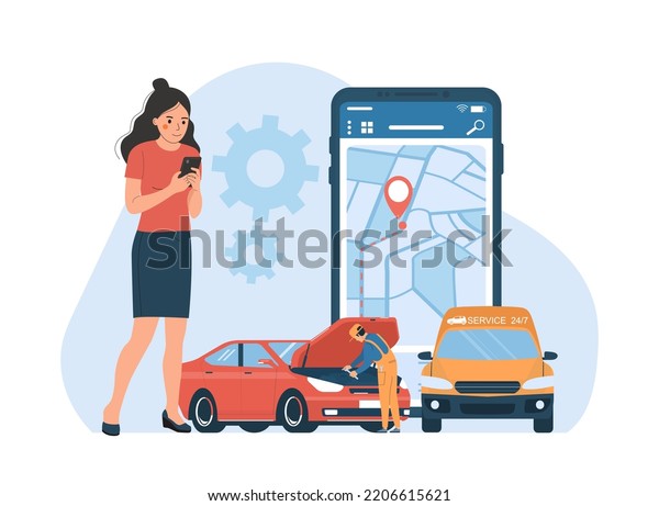 Roadside\
assistance service concept. Woman called auto mechanic from\
roadside assistance. Vector\
illustration.
