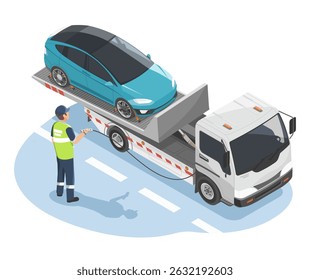 Personal de asistencia en carretera que opera una grúa de plataforma para transportar un automóvil eléctrico averiado bajo cobertura de seguro y Asistencia de servicio postventa