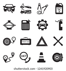 Roadside Assistance And Tow Icons. Black Flat Design. Vector Illustration. 