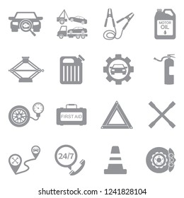 Roadside Assistance And Tow Icons. Gray Flat Design. Vector Illustration. 