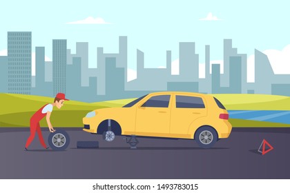 Roadside assistance. Vector tire fitting service. Cartoon car mechanic changing car wheels on road illustration