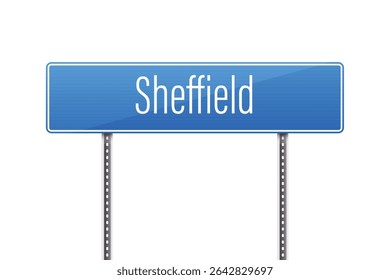 A roadside blue Sheffield sign displays the town name, offering direction for travelers. The sign is mounted on a pole against a plain white background. Modern design.
