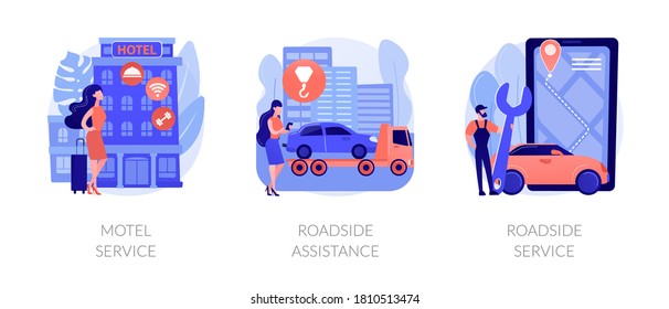 Conjunto de ilustraciones vectoriales de concepto abstracto de empresa en carretera. Motel service, road-side service and Assistance, drive inn, reparación de coches, ayuda las 24 horas, avería de camiones, metáfora abstracta de llantas planas.