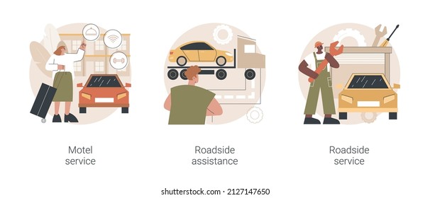 Roadside business abstract concept vector illustration set. Motel service, roadside service and assistance, drive inn, car repair, 24 hour help, truck breakdown, flat tire abstract metaphor.