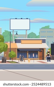 Roadside cafe exterior building with vendor. Small business vertical banner illustration 