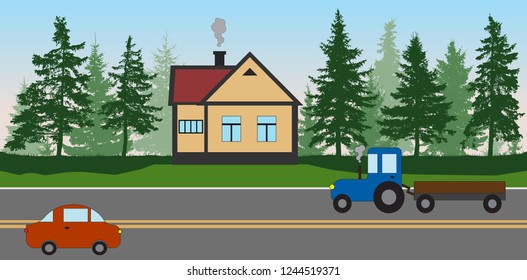 Roadside cafe near the forest, the road with a car and a tractor. House near the expressway. Coniferous trees silhouette. Vector illustration