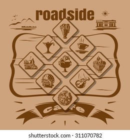 roadside cafe, retro  icon set on a brown background, vector