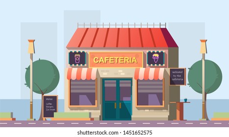 Roadside cafeteria or road cafe building with menu banner, neon glowing signboards and outdoor table stand at wayside in day time. Coffeeshop for car traveling people. Cartoon vector illustration