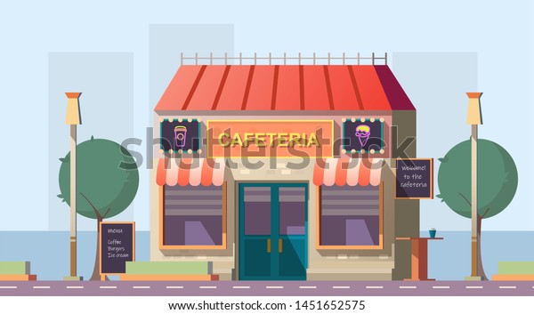 Roadside cafeteria or road cafe building\
with menu banner, neon glowing signboards and outdoor table stand\
at wayside in day time. Coffeeshop for car traveling people.\
Cartoon vector\
illustration
