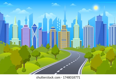 Roadside cityscape. Urban highway with city skyline and park area, downtown, highway view and nature landscape scene vector illustration. Road cityscape, highway urban roadside, town and city view