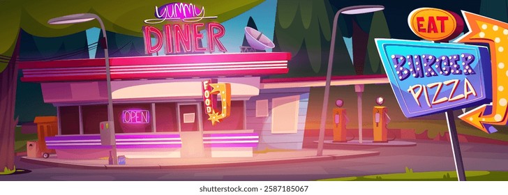 Roadside diner building near gas station. Vector cartoon illustration of fast food restaurant facade, eat pizza burger banner, open sign on cafeteria window glass, american style bistro on highway