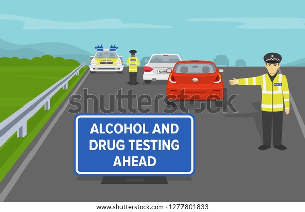 Roadside drug testing. Police\
officers testing drivers on higway. Flat vector\
illustration.