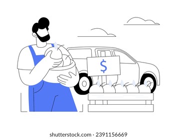 Roadside farmers stand abstract concept vector illustration. Farmer selling organic vegetables at roadside stand, buying agriculture products, processing-manufacturing sector abstract metaphor.