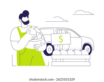 Roadside farmers stand abstract concept vector illustration. Farmer selling organic vegetables at roadside stand, buying agriculture products, processing-manufacturing sector abstract metaphor.