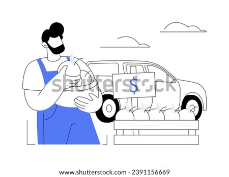 Roadside farmers stand abstract concept vector illustration. Farmer selling organic vegetables at roadside stand, buying agriculture products, processing-manufacturing sector abstract metaphor.