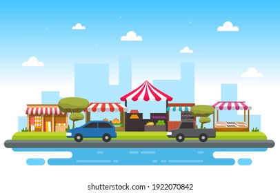 Roadside Fruit Vegetable Store Stall Stand Grocery in City Illustration