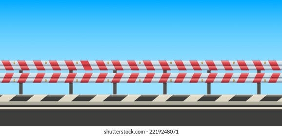 Roadside with guard rail. Highway side with safety roadguard fence, striped crash barrier and traffic protection vector background illustration of barrier road safety
