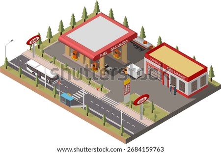 A roadside isometric gas station