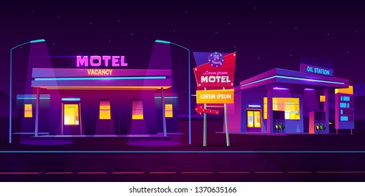 Roadside motel with car parking and oil station glowing at night with bright neon illumination background. Round the clock comfortable accommodation for traveling people. Cartoon vector illustration.