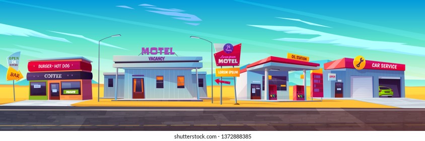 Roadside motel with parking, oil station, burger and coffee bar and car service. Index signboard show way to infrastructure and noctidial accommodation for traveling people cartoon vector illustration