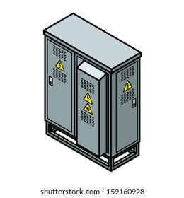 A roadside municipal telecommunications node cabinet with high voltage and laser radiation warning stickers.