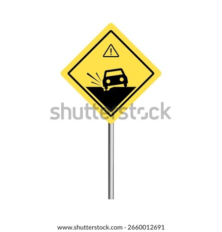 Roadside pothole yellow warning sign with broken road and car illustration. 