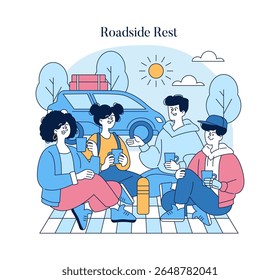 Roadside Rest concept. Group of friends enjoying a picnic break on a road trip. Sitting, chatting, and drinking beside their car under sunny skies.