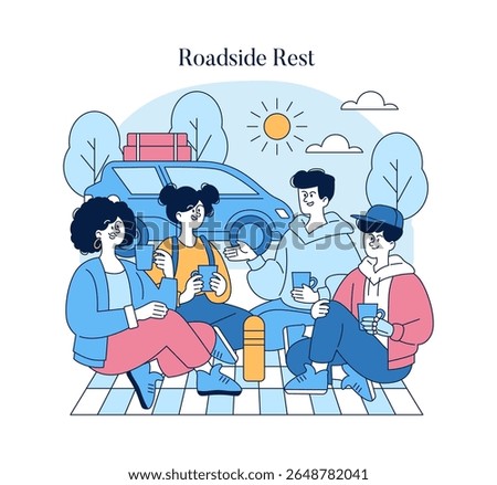 Roadside Rest concept. Group of friends enjoying a picnic break on a road trip. Sitting, chatting, and drinking beside their car under sunny skies.