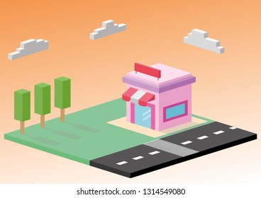 Roadside shop in the garden isometric composition with sunset background. Illustration vector.