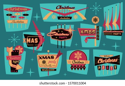 Roadside Signboards Style Christmas Party Emblems, Labels, Logos Stickers, Mid Century Modern Shapes and Colors