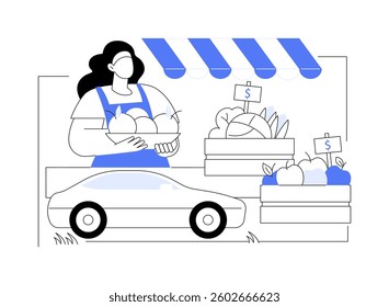 Roadside stands isolated cartoon vector illustrations. Farmer selling natural vegetables at roadside stand, buying agriculture products, processing-manufacturing sector vector cartoon.
